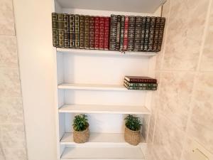 a book shelf with books and two plants in a bathroom at Studio plein centre et parking in Châtel-Guyon