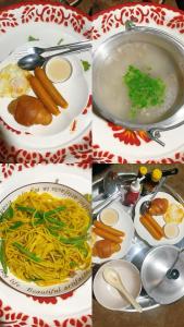 four different pictures of food with noodles and soup at ฮ่องเต้รักไทยรีสอร์ท in Ban Rak Thai