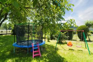 a trampoline in a yard with two swings at Das Sonnengleis in Lutzmannsburg