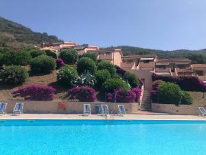 a swimming pool with chairs in front of a house at Cala Rossa 35 Wit Pool - Elba Affitti in Nisporto