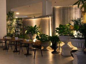 a group of tables and potted plants in a room at Sopor Resident in Phnom Penh