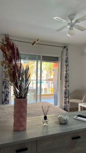 a vase with a plant on a counter in a kitchen at Roquetas "Estudio acogedor cerca del Castillo y del puerto de Roquetas, aireconditionado" in Roquetas de Mar