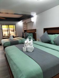 a room with four beds with green sheets at Cave Beach Resort - Boutique Accomodation in Dingalan +100 photos