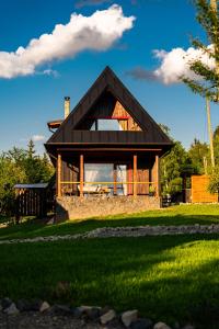 a house with a black roof on a green lawn at Sunset Mountains Village in Dealu Negru
