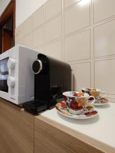 a microwave and a plate with a coffee cup on a counter at Will House 1 in Lanzo Torinese