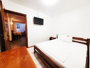 a bedroom with a bed and a table and a television at Pensiune Iguana in Tulcea