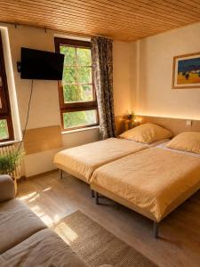 a bedroom with two beds and a flat screen tv at Manna Haus in Gelnhausen