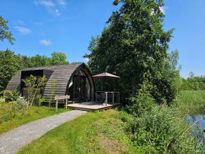 a small building with a bench and an umbrella at Tiny House De Spjocht in Westergeest