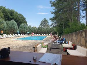 a swimming pool with chairs and people sitting around it at Хотел Галина Палас in Srem