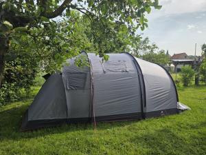 a tent sitting in the grass under a tree at Gemütlicher Rustikaler Bauwagen in Vippachedelhausen