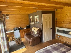 a living room with a chair and a kitchen at Star Gazer Cabin in Inversnaid +8 photos