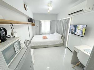 a small room with a bed and a kitchen at Kameari 911 - 9F Newly Renovated Corner Room High Floor Near Station Mall Disney Access in Tokyo