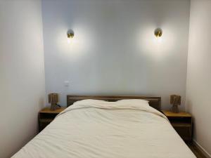 a bed with two lights on the wall at La Halte Beaujolaise in Belleville-en-Beaujolais