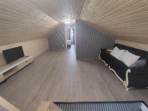 a living room with a couch and a television at Casa Theopa in Corbu