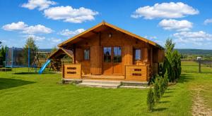a wooden cabin in a field with a playground at Witówka Bieliny in Bieliny