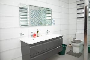 a bathroom with a sink and a mirror and a toilet at Unique Green Lodge in Accra +16 photos