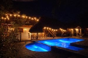 a swimming pool at night with lights on a house at Kimba Lodge and Tours in Phalaborwa