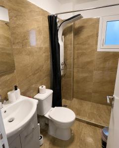 a bathroom with a toilet and a sink and a shower at studio room with private bathroom-floor 2 in Athens