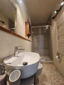 a bathroom with a white sink and a shower at Domus Mazzoni in Capannori
