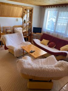a living room with a couch and a table at Family Hotel Markony in Pamporovo