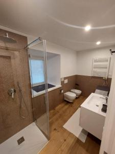 a bathroom with a shower and a toilet and a sink at Appartamento ZUFALL in Cogolo