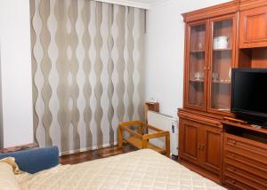 a bedroom with a bed and a tv and a curtain at Charming Apartment in El Grove, Sea View in O Grove