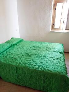 a green bed in a room with a window at Charming Apartment in Pisciotta with Terrace and Parking in Pisciotta