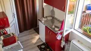a small red kitchen with a sink and a window at Appartement cosy aux Authieux Papion 15 m² avec jardin privatif in Les Authieux-Papion
