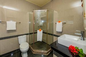 a bathroom with a shower and a toilet and a sink at Villas des Alizes Beachfront Suites in Grand'Anse Praslin +22 photos