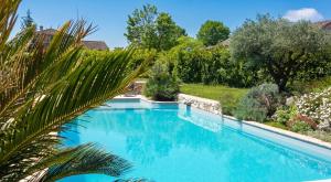 a large swimming pool with a palm tree next to it at Appartement charmant à Castéra-Lectourois avec piscine partagée in Castéra-Lectourois
