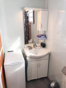 a small white bathroom with a sink and a refrigerator at Studio confortable à Sainte-Suzanne, 20 m², balcon in Sainte-Suzanne