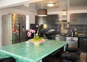 a kitchen with a green table with flowers in a vase at Villa charmante à Le Tampon + Piscine in Le Tampon