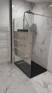 a bathroom with white marble walls and a shower at Studio chic meublé et lumineux in Chauray