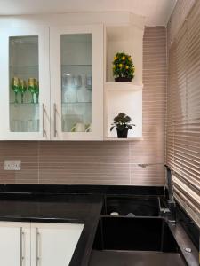 a kitchen with white cabinets and a sink and plants at Selah House in Harare
