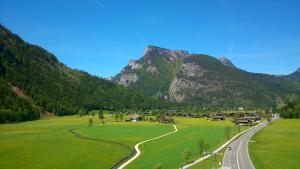 ein grünes Feld mit einer Straße vor einem Berg in der Unterkunft Zenauerhof in Sankt Martin bei Lofer