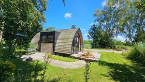 a small cabin in the middle of a yard at Tiny House De Hagekrûper in Westergeest