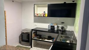 a small kitchen with a sink and a microwave at Villa Pinzon in Moià