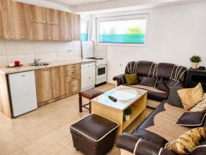 a kitchen and a living room with a couch and a table at Tetins'Apartmens in Trpejca