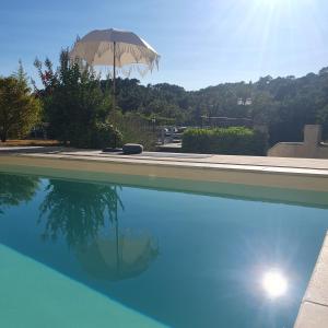 a swimming pool with an umbrella and a swimming pool at La Villa Blateiras in Générargues