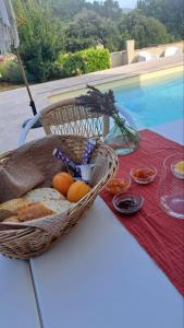 a basket of bread and eggs sitting on a table at La Villa Blateiras in Générargues