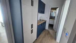 a kitchen with blue and white cabinets and a sink at AnDora in Donji Štoj