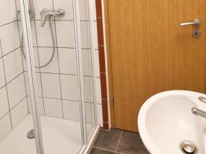 a bathroom with a shower and a toilet and a sink at Ferienwohnung Burgstadt Kastellaun in Kastellaun