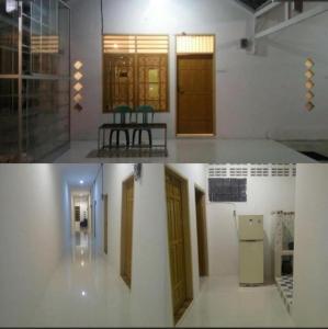 two pictures of a room with doors and a refrigerator at Kost Eka Gorontalo in Telaga