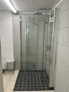 a shower with a glass door in a bathroom at Gårdshytten, Dverbergveien 143 in Dverberg +44 photos