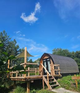 a cabin with a thatched roof and a deck at Tiny House De Skierroek in Westergeest