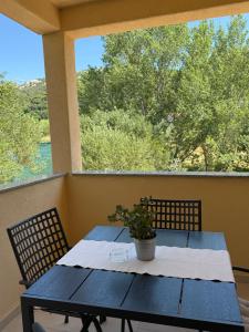 a blue table with a potted plant on a porch at Moderni apartman Tina in Mundanije