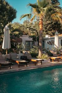ein Pool mit Stühlen und Sonnenschirmen und einer Palme in der Unterkunft Art otel in Alacati