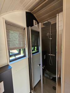 a bathroom with a shower in a caravan at Tiny House De Skierroek in Westergeest