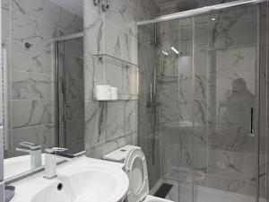 a bathroom with a shower and a toilet and a sink at La suite Saint Régis 2 in Le Puy-en-Velay