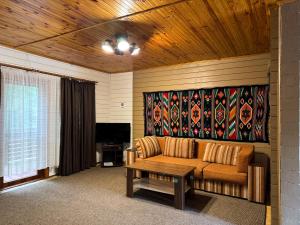 a living room with a couch and a table at Котеджі Сім Вітрів in Volosyanka
